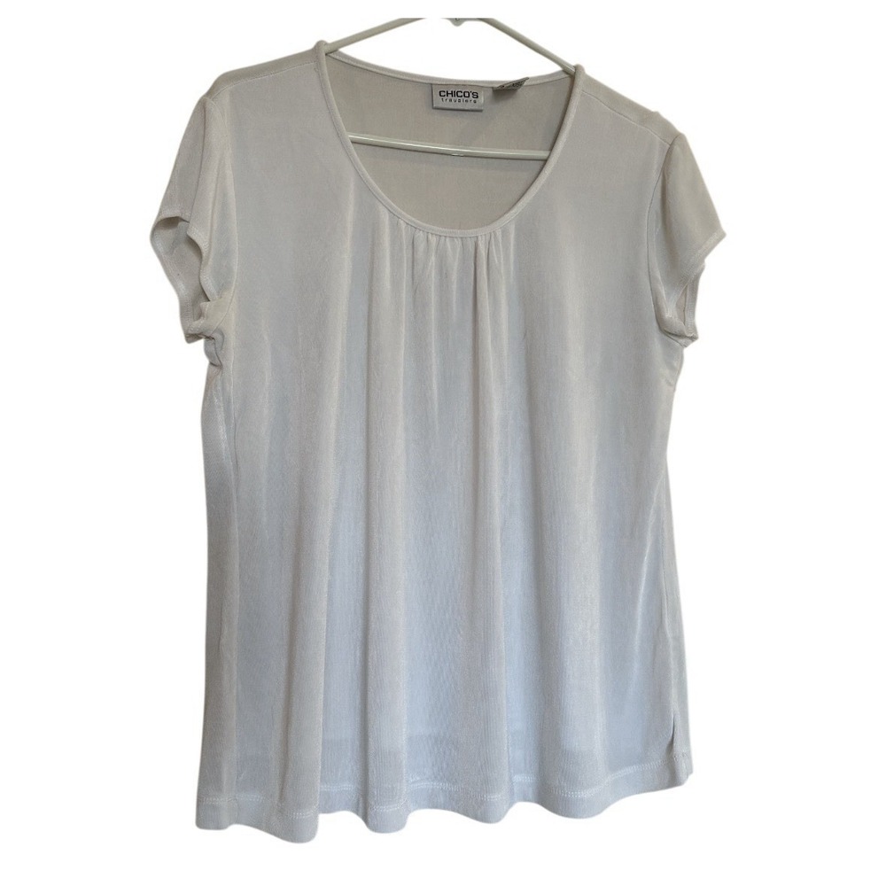 Chico's Travelers Women 2 White short-sleeve ruched scoop neck‎ blouse